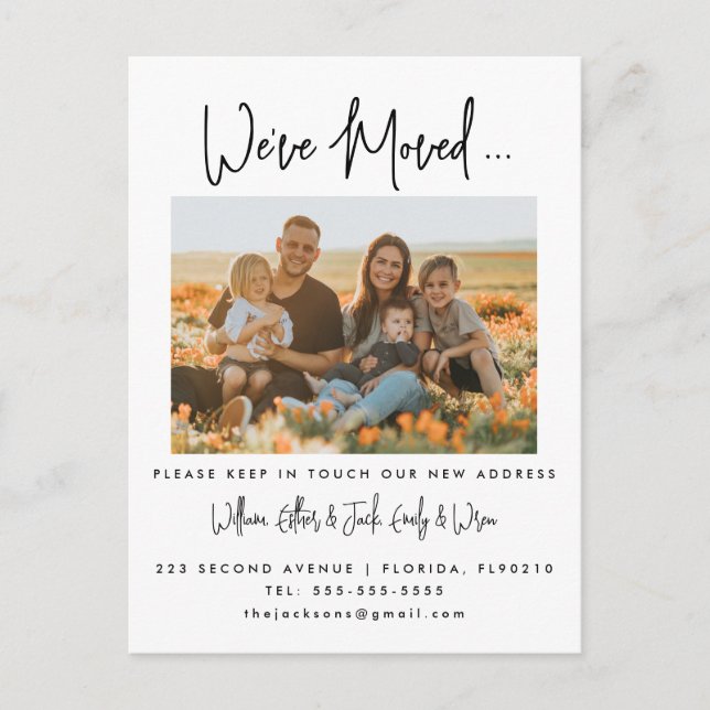 Byte av adress vi har flyttat familjefoto meddelande vykort (Framsida)