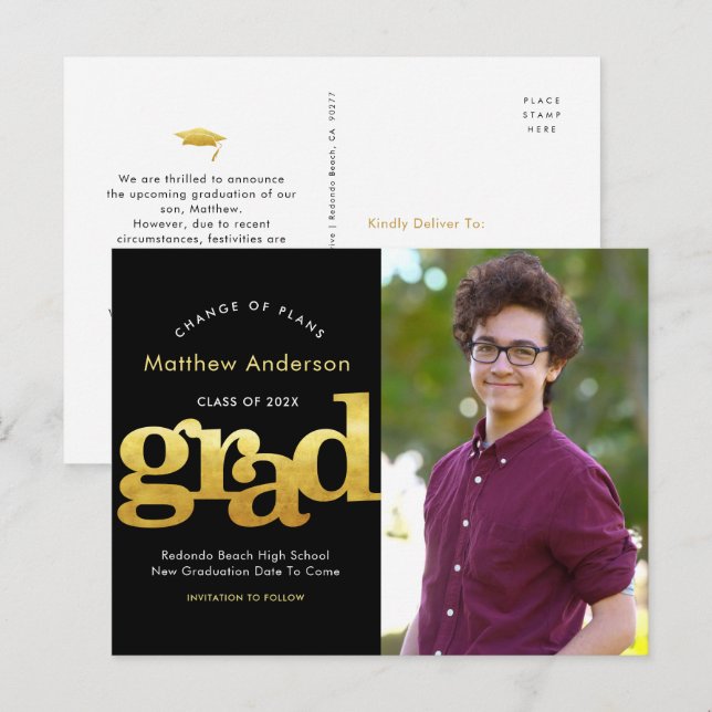 Byte av planer examen svart guld typografi inbjudan vykort (Fram/baksida)