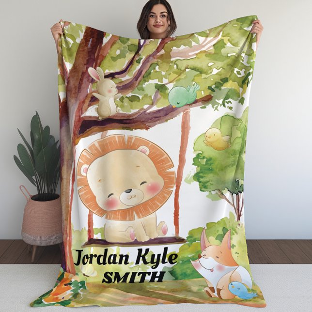 Byte Lejon, Fox, Bunny och Birds Ungfilt Fleecefilt (Swinging Lion, Fox, Bunny and Birds kids blanket)