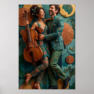 Bytt Glädjefull Folkdansduo - 3D Teal Koppar Poster