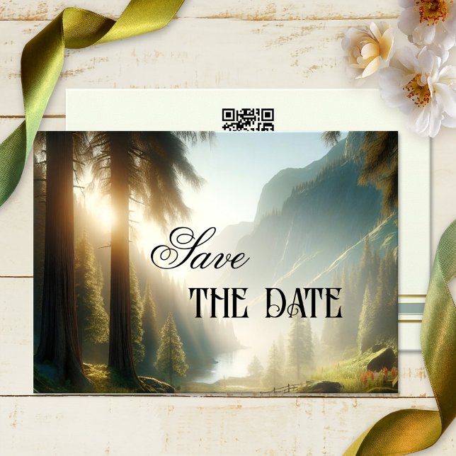 Bytt skogsområde Spara datumkortet Inbjudningar (A dreamy Save the Date card featuring a painting of an enchanted forest in the mountains - with QR)