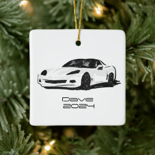 C6 Korvette Sports Car White Hand plockade Sketch Julgransprydnad Keramik