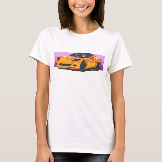 C6 Orange Corvette Sportscar med Rosa Rand T Shirt (Framsida)