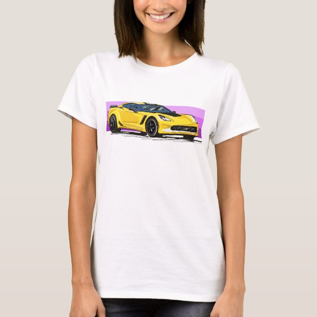 C7 Gult Corvette Sportscar med Rosa Rand T Shirt (Framsida)