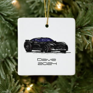 C7 Korvette Sports Car Black Hand plockade Sketch Julgransprydnad Keramik