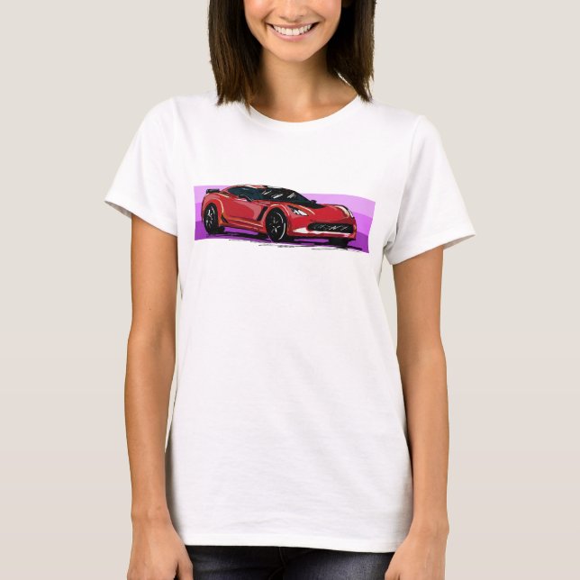 C7 Red Corvette Sportscar med Rosa Rand T Shirt (Framsida)