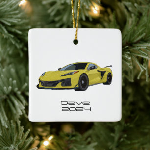 C8 Korvette Sports Car Gult Hand plockade Julgransprydnad Keramik