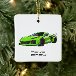 C8 Korvette Sports Car Lime Green Hand plockade Julgransprydnad Keramik