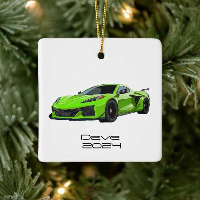 C8 Korvette Sports Car Lime Green Hand plockade Julgransprydnad Keramik (Träd)
