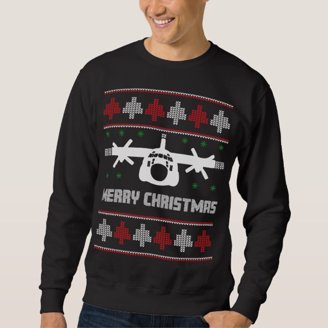C-130 Hercules Airplan Ugly jul Sweater Lång Ärmad Tröja (Framsida)