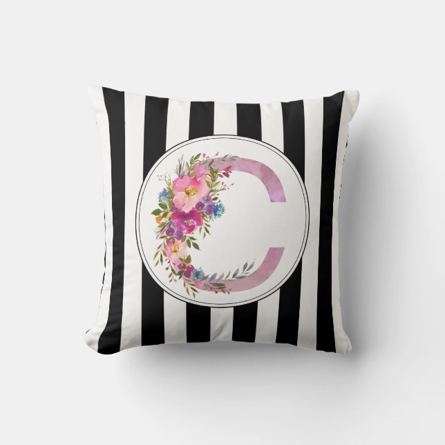 C, Blommigt Monogram initial, vattenfärgsblomma Kudde (Framsida)