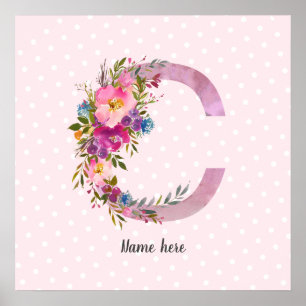 C, Blommigt Monogram initial, vattenfärgsblomma Poster