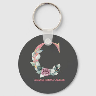 C Blommigt Monogram Namn Brev Rosa Agate Keychain Nyckelring