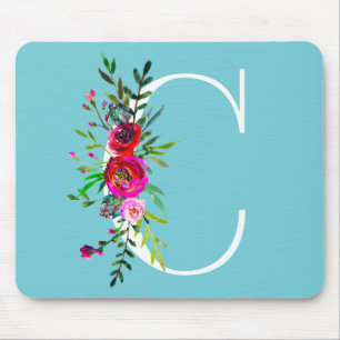 C Bokstav Initial Monogram Blommig Anpassad Färg Musmatta