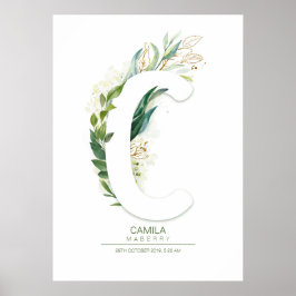 C Bokstavsmonogram Guld Grönska Blad Chic Poster