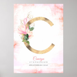 C Bokstavsmonogram Guldblad Rosa Magnolia Blommig Poster
