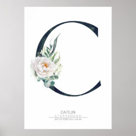 C Bokstavsmonogram Vita Blommor och Grönska Poster