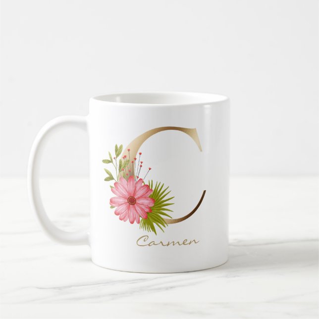 C Brev Guld Monogram | Rosa Blommigt Greenery Kaffemugg (Vänster)