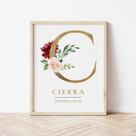 C Brev Monogram Namn Marsala Blommigt Nursery Poster