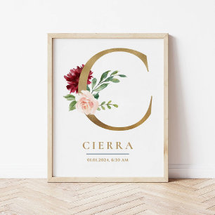 C Brev Monogram Namn Marsala Blommigt Nursery Poster