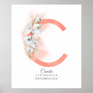 C Brev Monogram White Orchids och Pampas Grass Poster