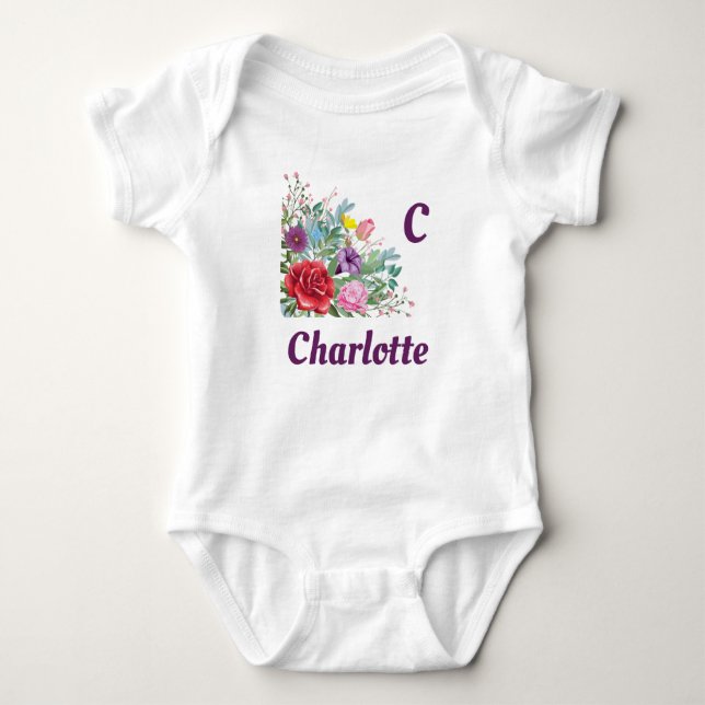 C Charlotte Personalize Brev Namn, Ro Flowers T Shirt (Framsida)
