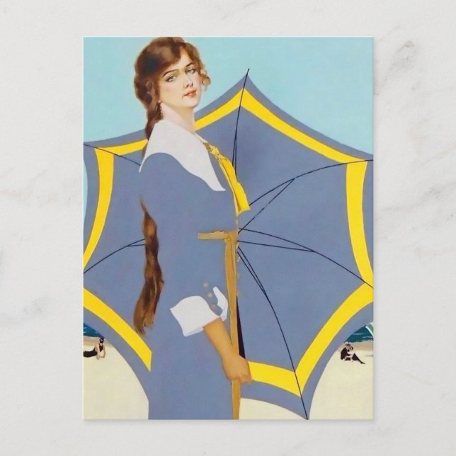 C Coles Phillips "Beach Umbrella" Fadeaway Girl Vykort (Framsida)