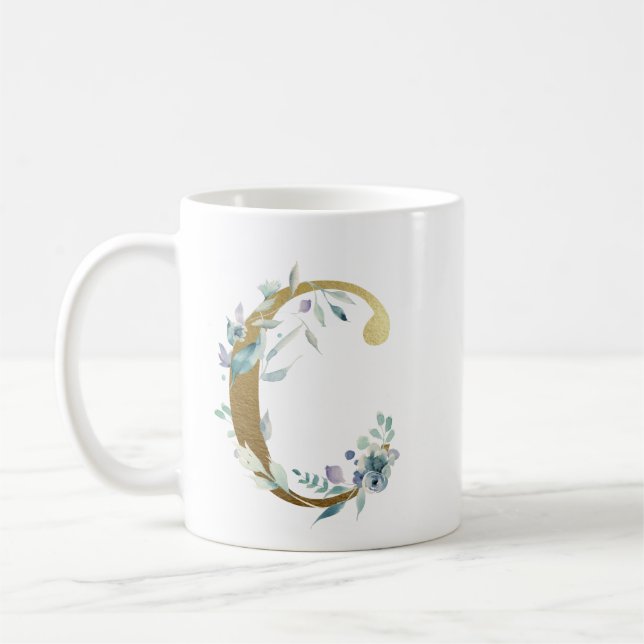 C guld initial med blå blommigt folie kaffemugg (Vänster)
