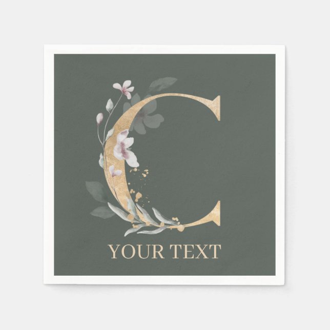 C Monogram Blommigt Personlig Napkins Pappersservett (Framsidan)