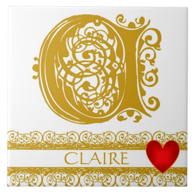 C Monogram Namn Guld Snöre Red Heart Template Tile Kakelplatta (Framsidan)