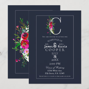 C Monogram Sista Initial Modern Blå Blommig Bröllo Inbjudningar