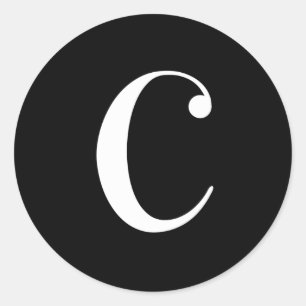 C monogram, vit text på svart runt klistermärke