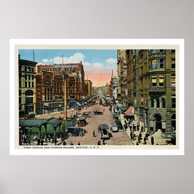 ca 1900 Seattle First Avenue och Pioneer Square Poster (Framsidan)