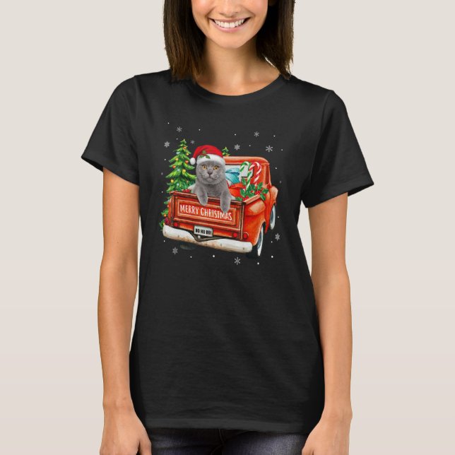 Ca Gray Cat Ride Red Truck Christmas Cat  Pajama T Shirt (Framsida)