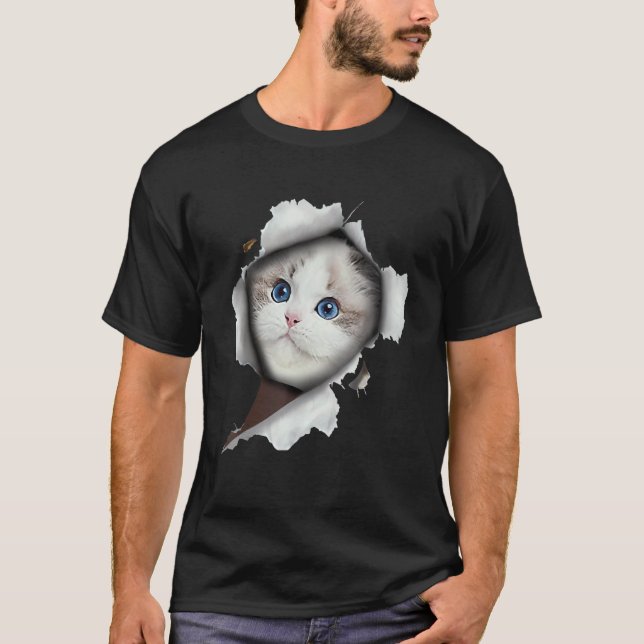 Ca  Vit Katt  Katt Rivet Tyg T Shirt (Framsida)
