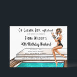 Cabana Boy 40th Birthday Party Helg Inbjudningar<br><div class="desc">4:e födelsedagsfestens helg-inbjudan innehåller en Glam Girl poolside som uppmanar en cabana-pojke att fylla martini. Helg på resväg i tre dagar. Kontakta mig om det behövs fler dagar.</div>