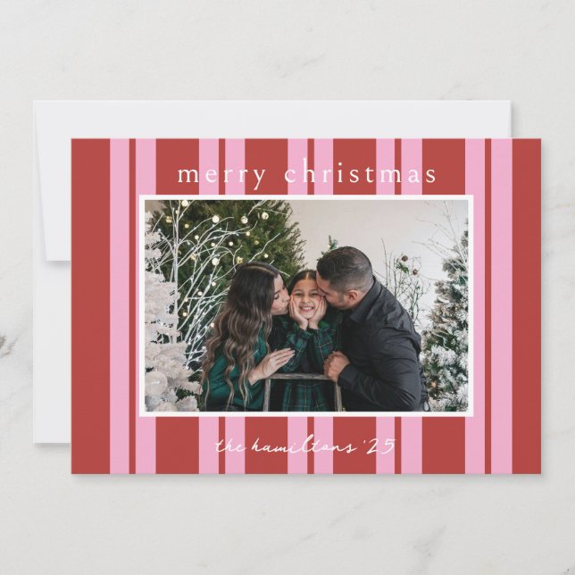 Cabana Pink red Stripe Preppy photo Christmas card Inbjudningar (Framsida)