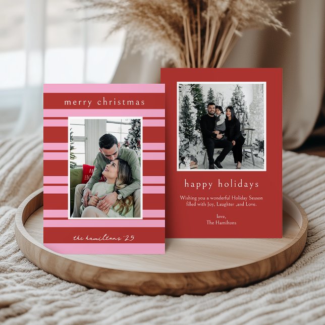 Cabana Pink red Stripe Preppy photo Christmas card Inbjudningar (Skapare uppladdad)
