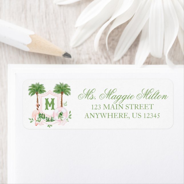 Cabana-ränder Palm Beach Monogram-krön Returadress Etikett (Insitu)