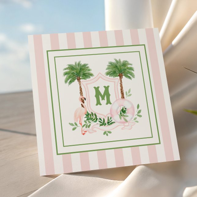 Cabana Stripes Palm Beach Monogram Crest Enclosure Anteckningskort (Skapare uppladdad)