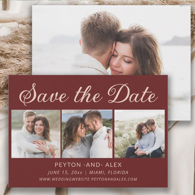 Cabernet Red 4-Photo 2-Sided Bröllop Spara Date Spara Datumet (Burgundy 4-photo wedding Save the Date card)