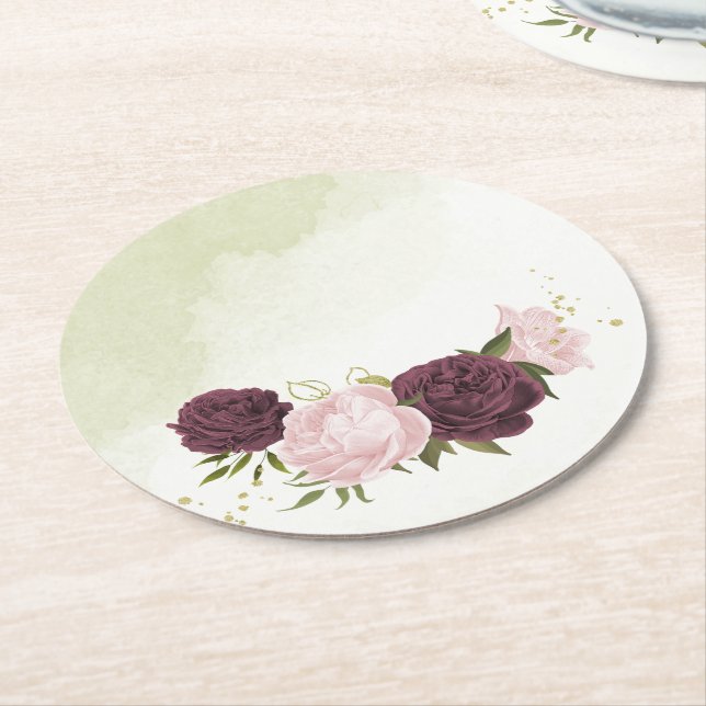 cabernet rosa Blommor greenery bröllop Underlägg Papper Rund (Vinklad)