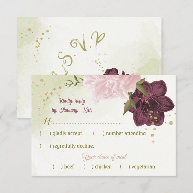 cabernet rosa blommor grönt löv OSA kort (Fram/baksida)