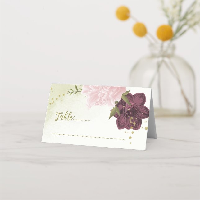 cabernet rosa blommor grönt löv placeringskort (Framsida)