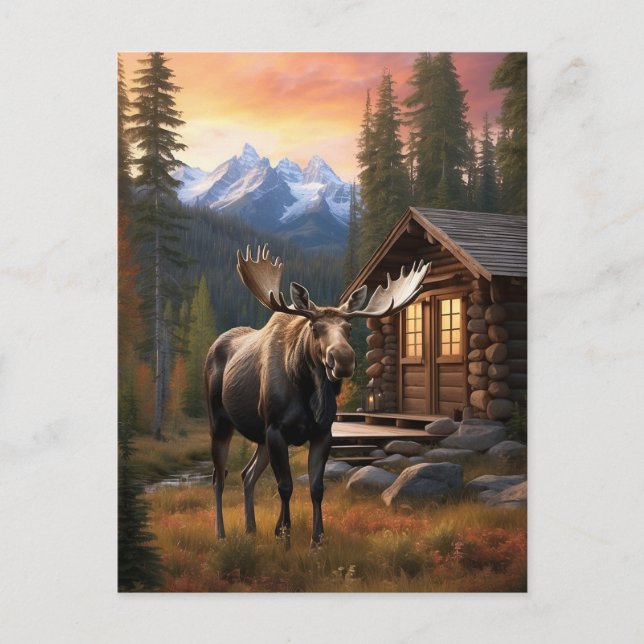 *~* Cabin AP49 MOOSE Stream Nature Forest Vykort (Framsida)