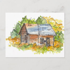 Cabin Bläck Pen Sketch Watercolor liggande Vykort