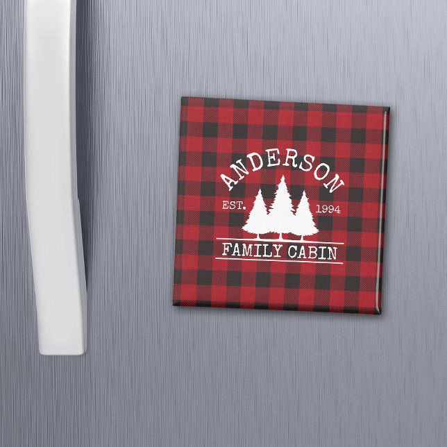 Cabin Family Namn Red Buffalo Play Square Magnet (Customize to change text size or text style.)