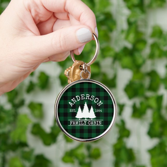 Cabin Grönt Buffalo Pput Family Namn Rund Silverfärgad Nyckelring (Hand)