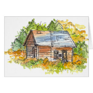 Cabin House Autumn Träd Pen och Bläck Sketch Hälsningskort