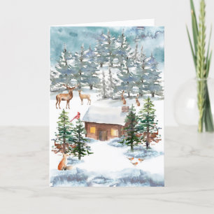 "Cabin in in in Snö" Vattenfärgsseger Art jul Helgkort